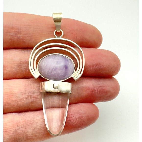 Sterling Silver Purple Stone Pendant Clear Stone Architectural Modern - Picture 1 of 7